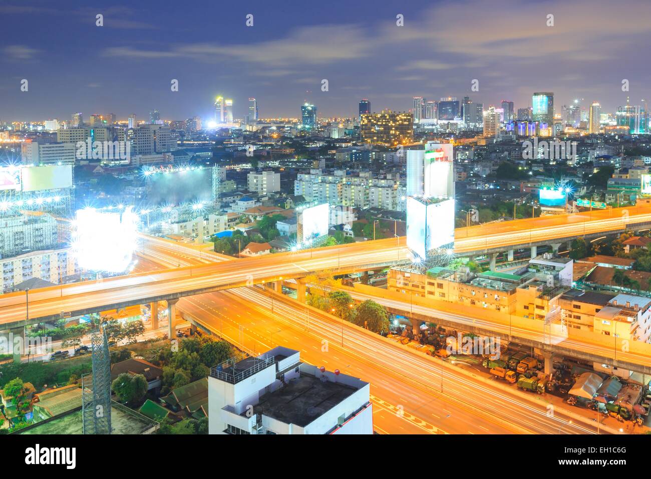 aerial view of Bangkok Highway to Downtown business area at night Stock ...