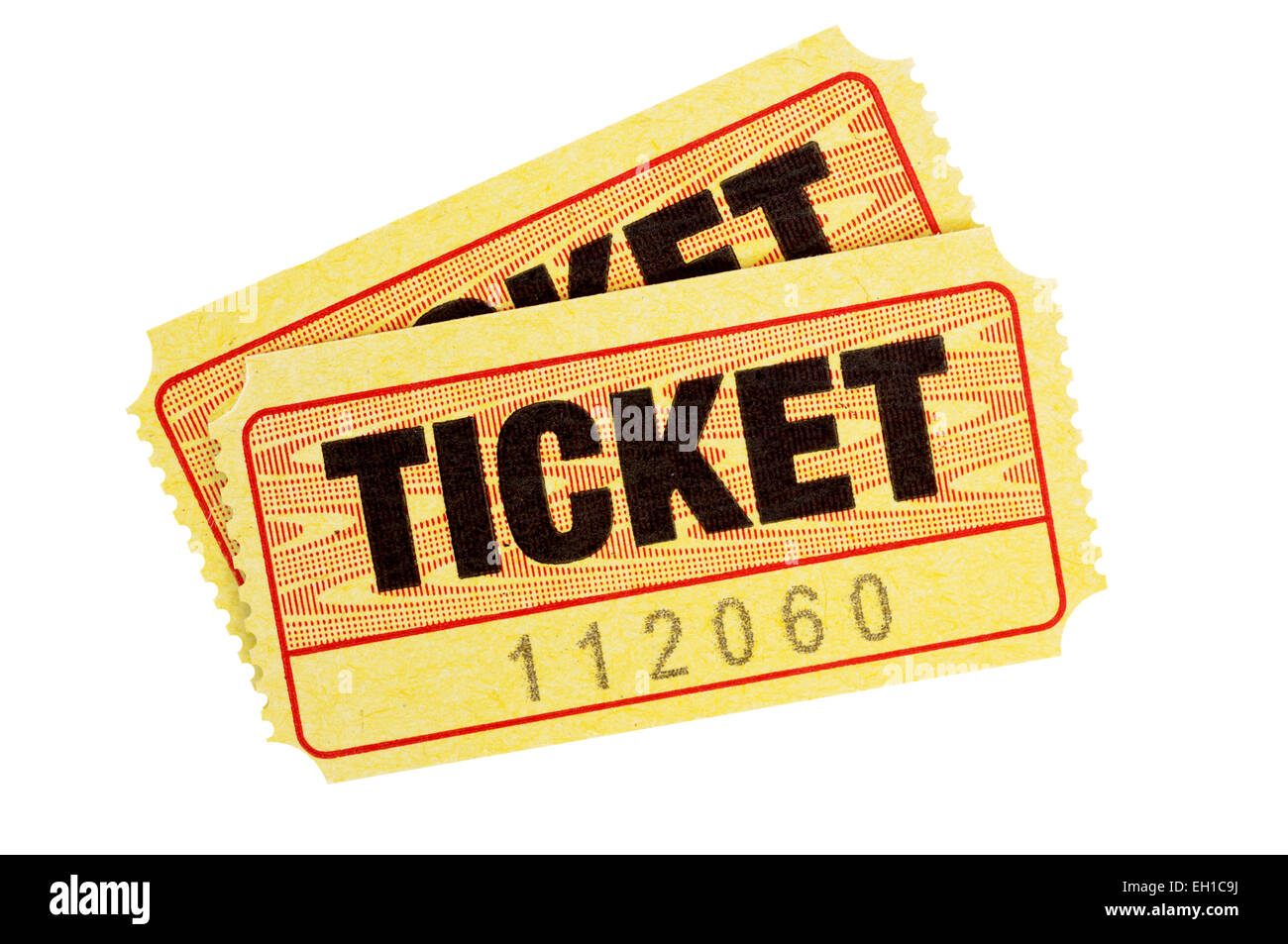 Pair of yellow admission tickets isolated on a white background. Stock Photo