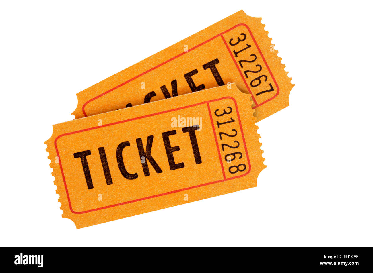 Orange admission tickets isolated on a white background. Stock Photo