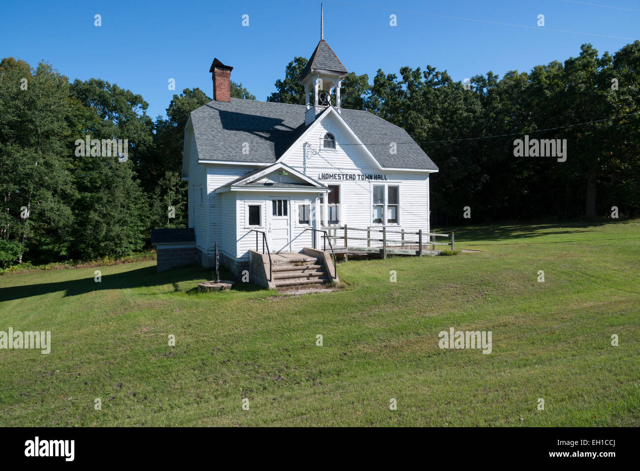 Homestead townhall. Old wooden building. New York Mills. Northern
