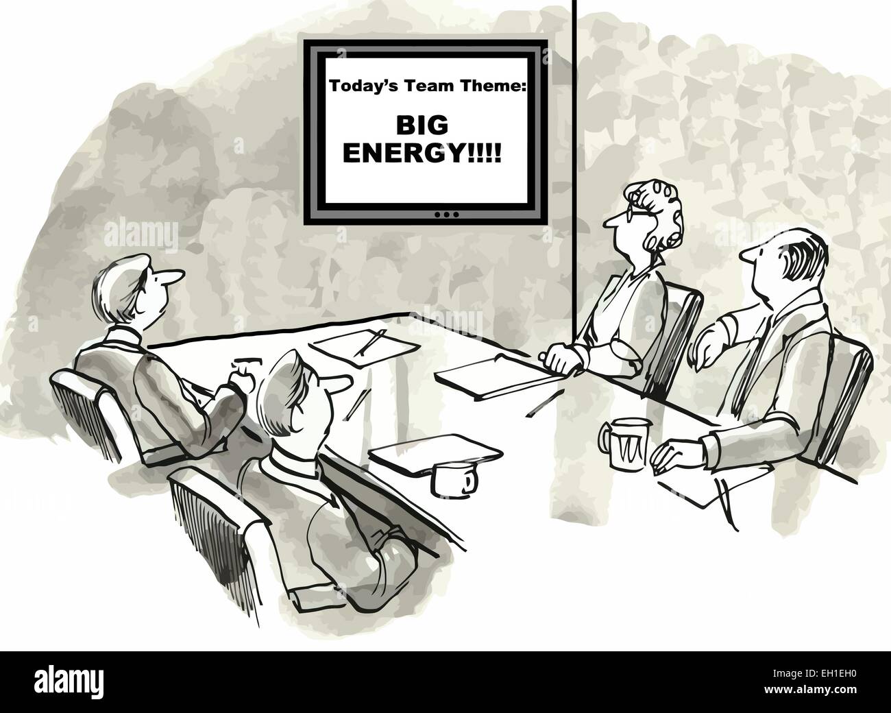 Cartoon of business team meeting.  Today's team theme: big energy. Stock Vector