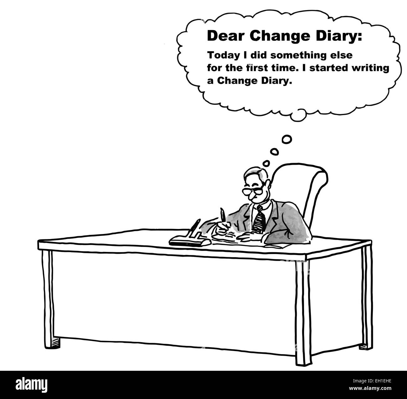 Cartoon of businessman thinking, dear change diary: today I did something else for the first time.  I started writing a change.. Stock Vector