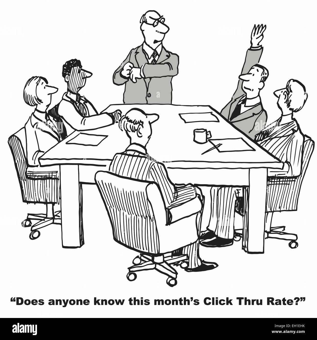 Cartoon of digital marketing meeting.  Business boss asks, does anyone know this month's Click Thru Rate? Stock Vector