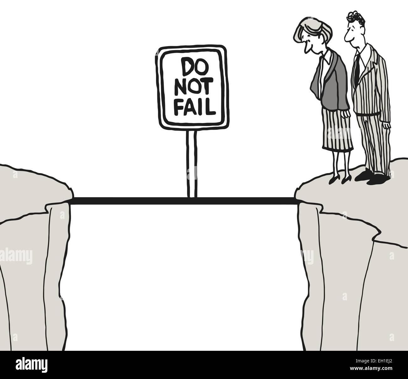 Cartoon of two separate cliffs and narrow bridge.  Business people see sign: do not fail. Stock Vector