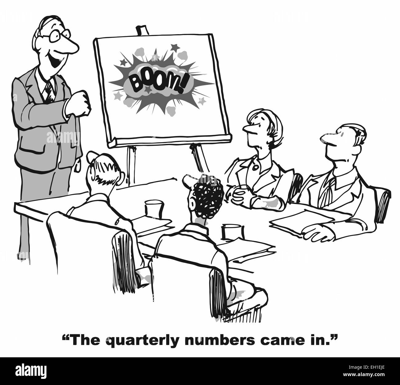 Cartoon of excellent business success, the quarterly numbers came in - BOOM! Stock Vector