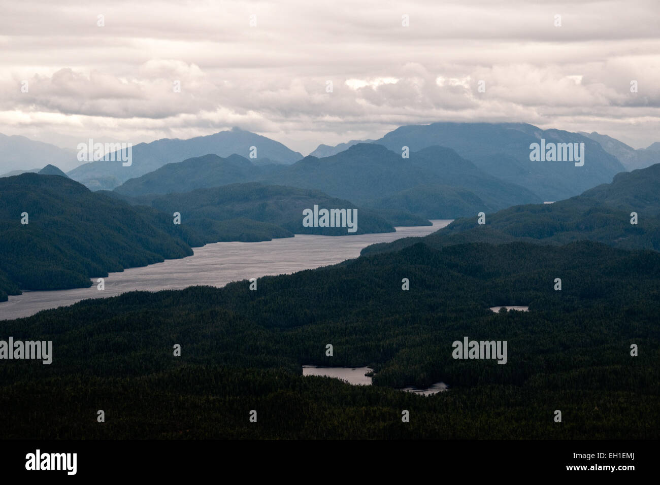 An aerial view of Smith Inlet in the Great Bear Rainforest of British Columbia, Canada Stock