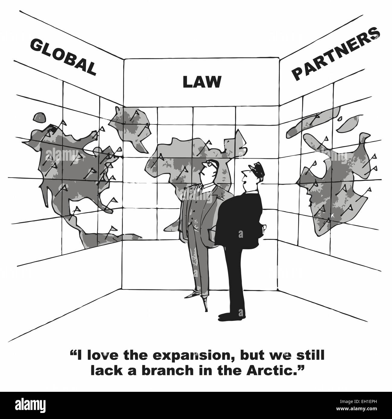 Cartoon of global law partners branch office map, I love the expansion, but we still lack a branch in the Arctic. Stock Vector