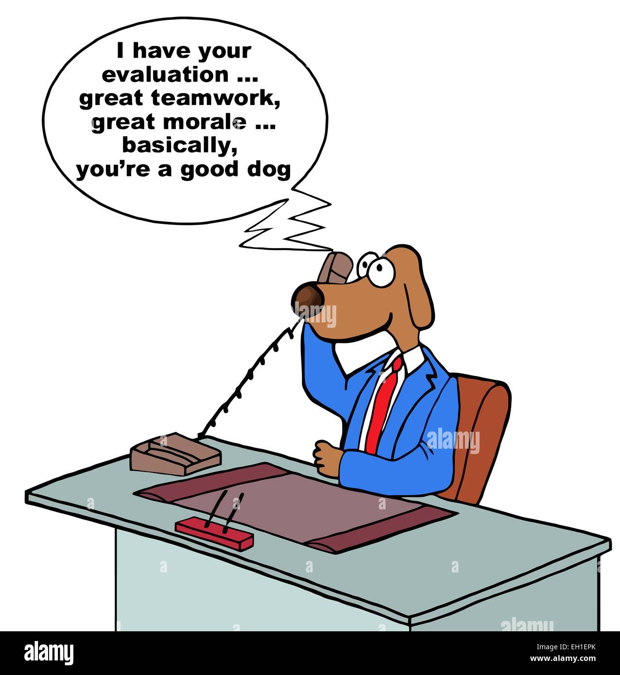 Cartoon of businessman dog on phone with boss: I have your evaluation...  great teamwork and morale, basically you're a good dog Stock Vector Image &  Art - Alamy