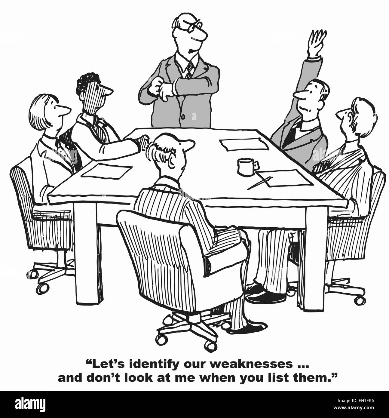 Cartoon of business team about to do a SWOT analysis, let's identify out weaknesses... and don't look at me when you list them. Stock Vector