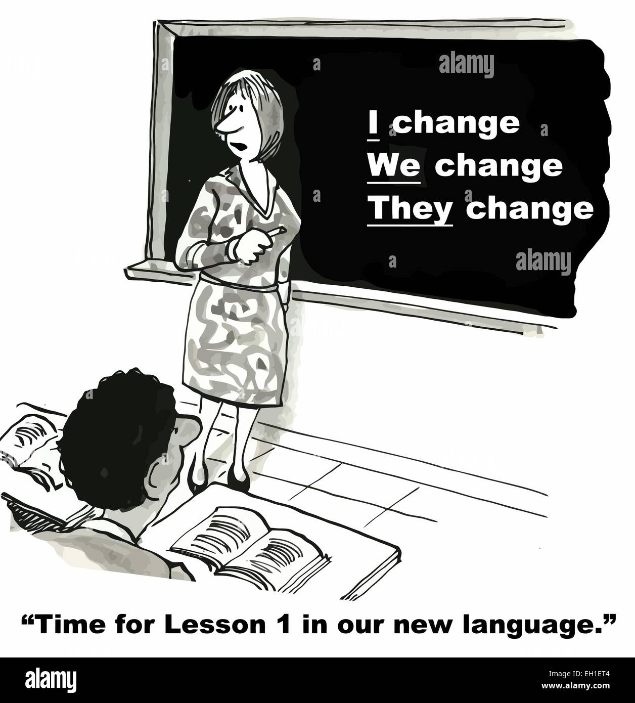 Cartoon on change management business seminar - a new language - I, we, they change. Stock Vector