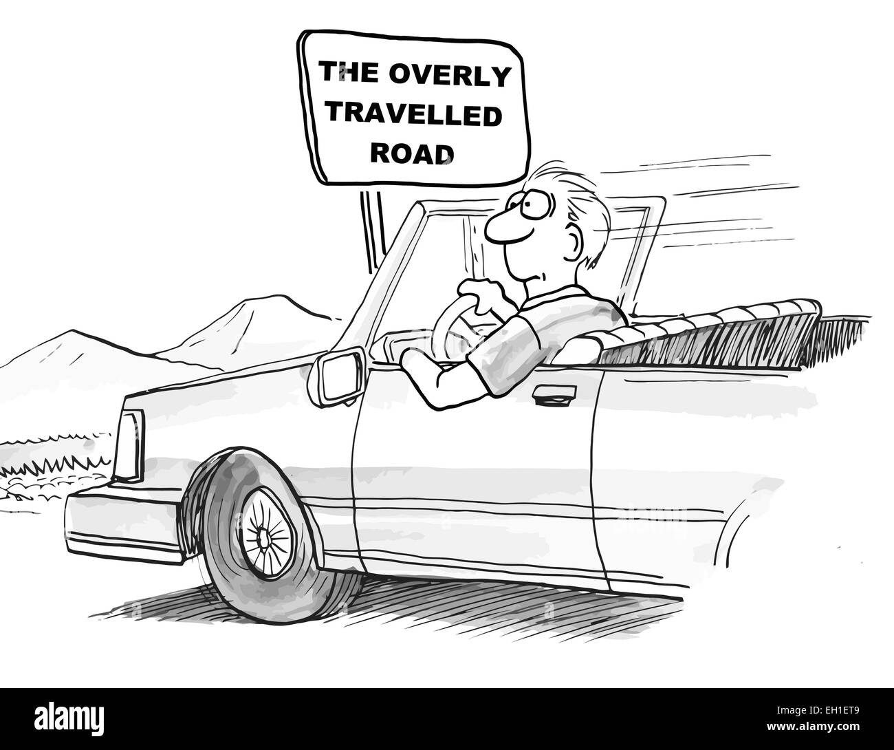 Cartoon of businessman driving car down 'the overly travelled road'. Stock Vector