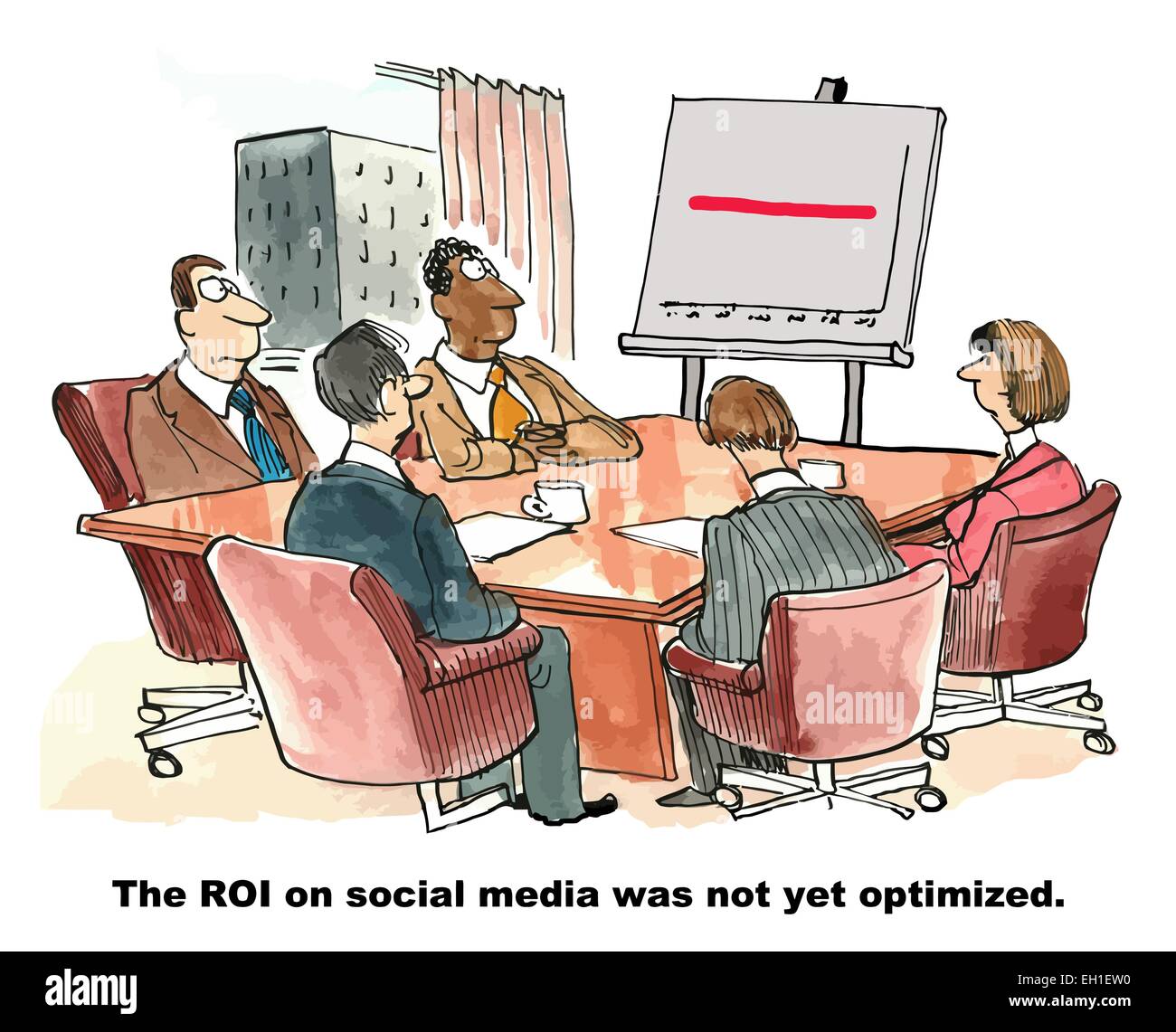 Cartoon of digital marketing team looking at straight red line, the ROI on social media was not yet optimized. Stock Vector