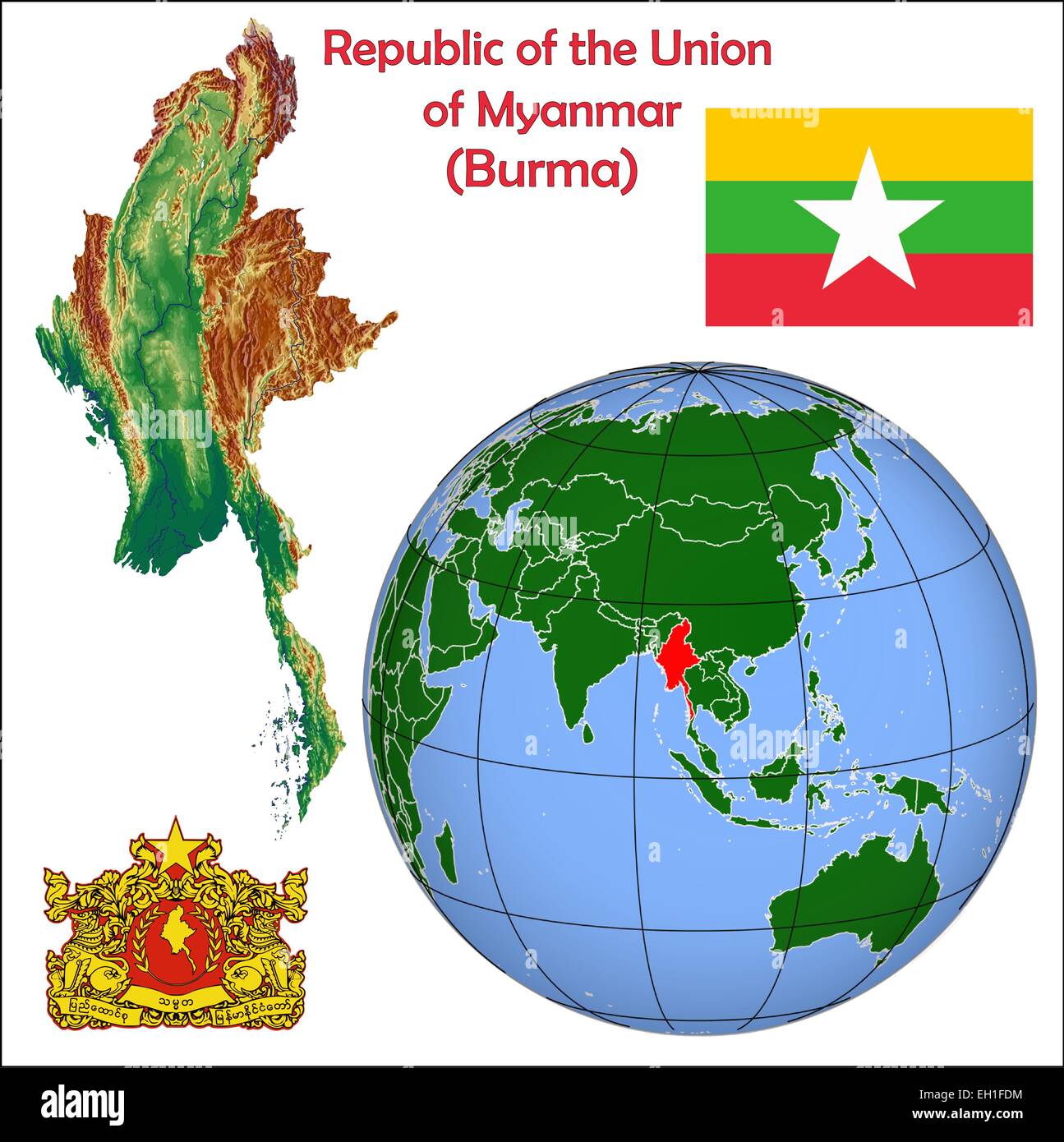 Myanmar Burma Globe Location Flag Coat Stock Vector Art