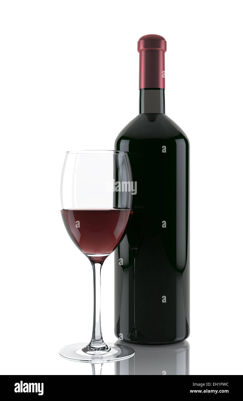 Glass of red wine and a bottle isolated over white background. 3d ...