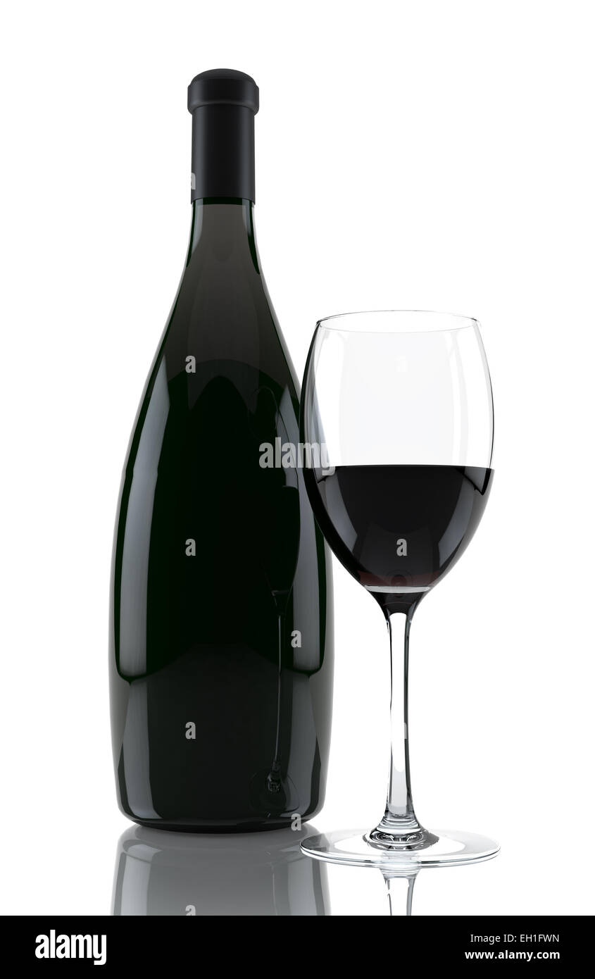 Glass of red wine and a bottle isolated over white background. 3d ...