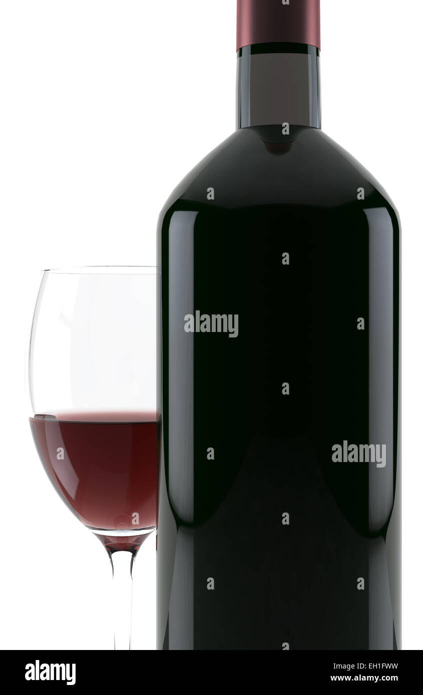 Glass of red wine and a bottle isolated over white background. 3D ...