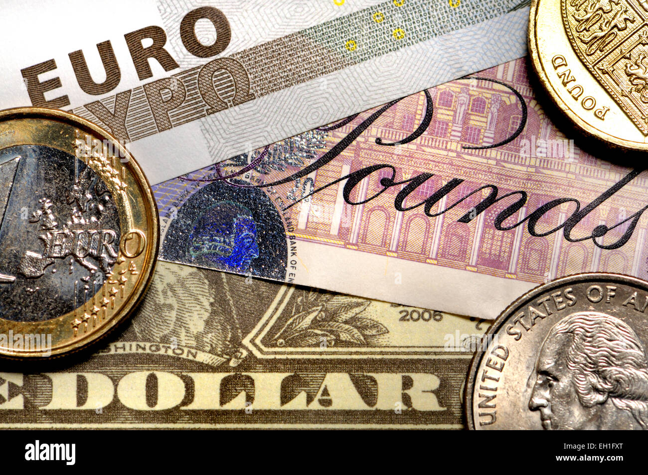 Pounds, Euros and Dollars Stock Photo