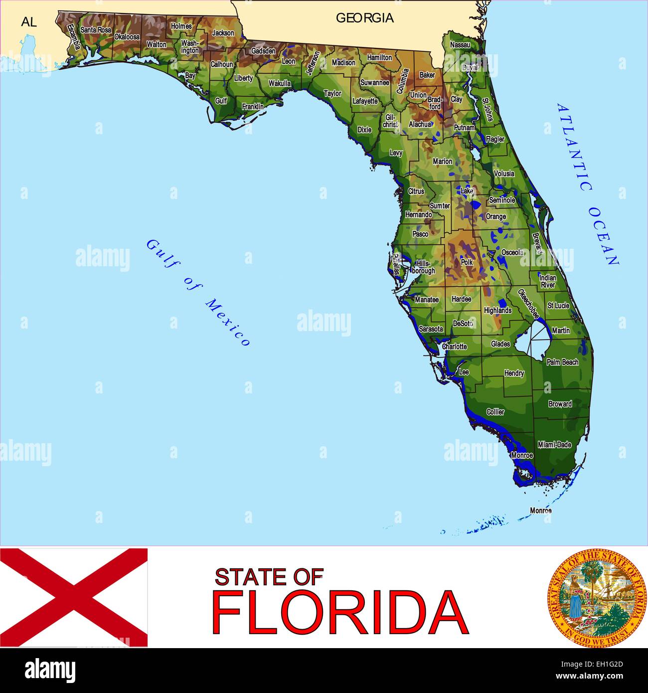 Florida State Map Counties High - Florida Usa Counties Administrative Divisions EH1G2D 