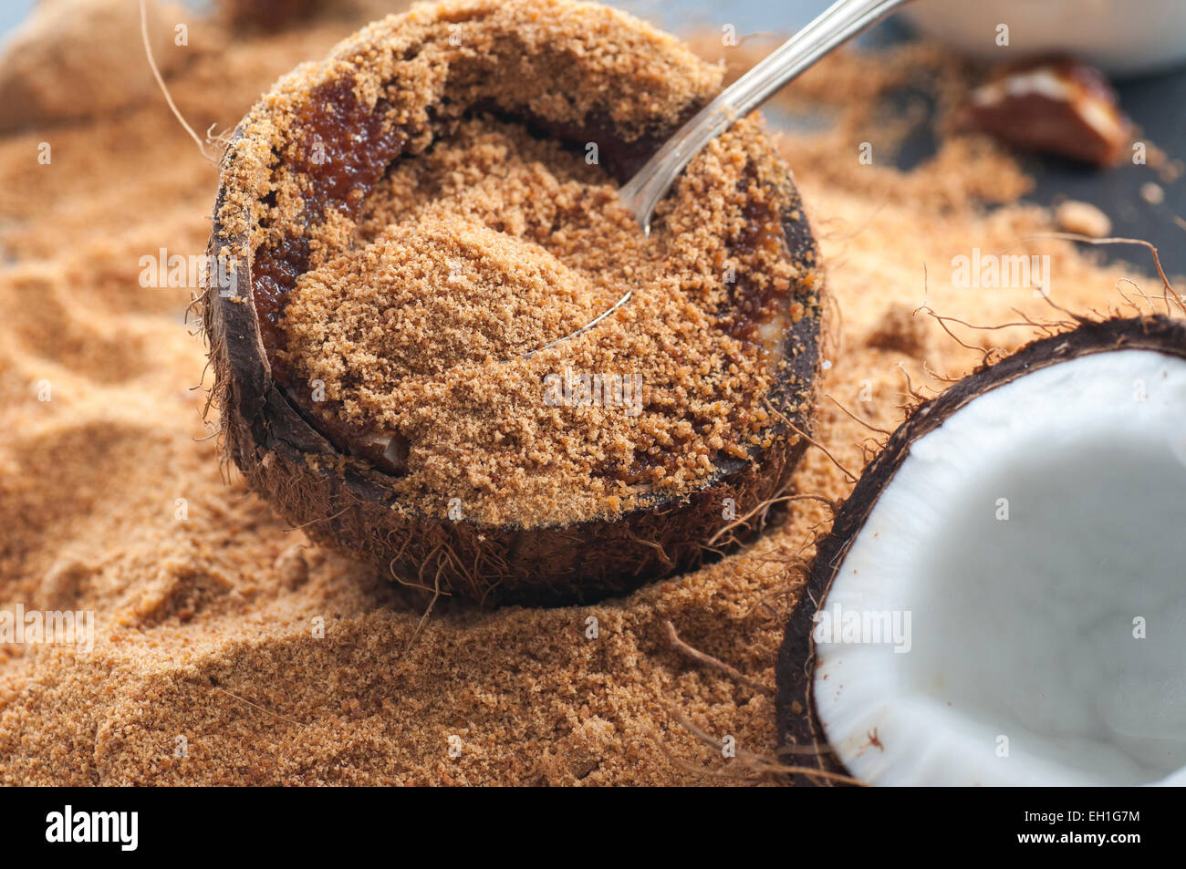 Fresh coconut filled with organic coconut sugar. Stock Photo