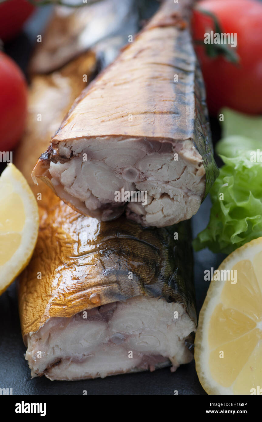 Fresh smoked mackerel with salad. Stock Photo