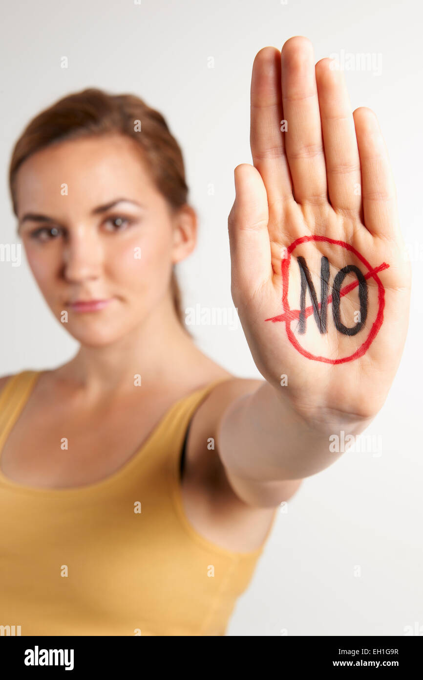 Female Protester With 'No' Wrtitten On Palm Stock Photo