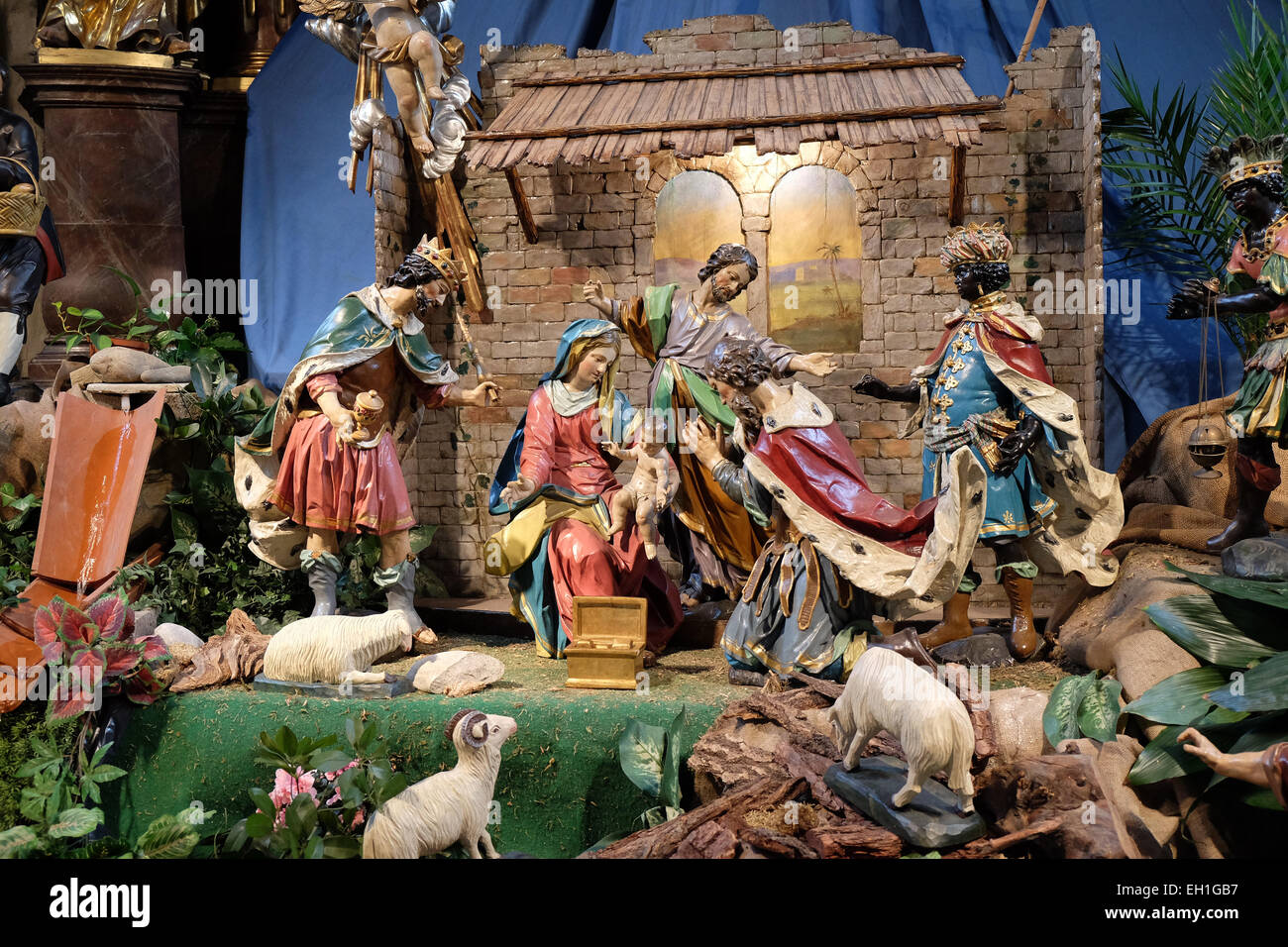 Nativity scene, creche, or crib, birth of Jesus in Mariahilf church in