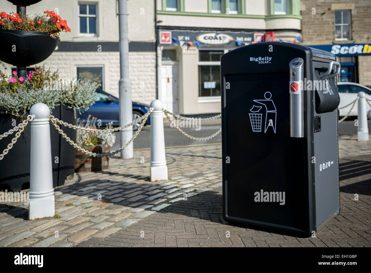 A "Big Belly" solar powered bin on Anstruther seafront, Fife, Scotland