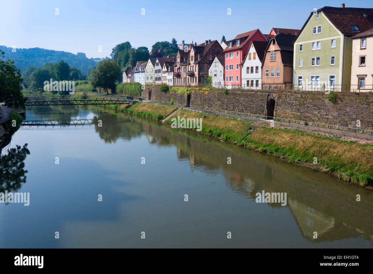 row of houses along the tauber river, wertheim city, baden-wuerttemberg, germany, europe Stock Photo