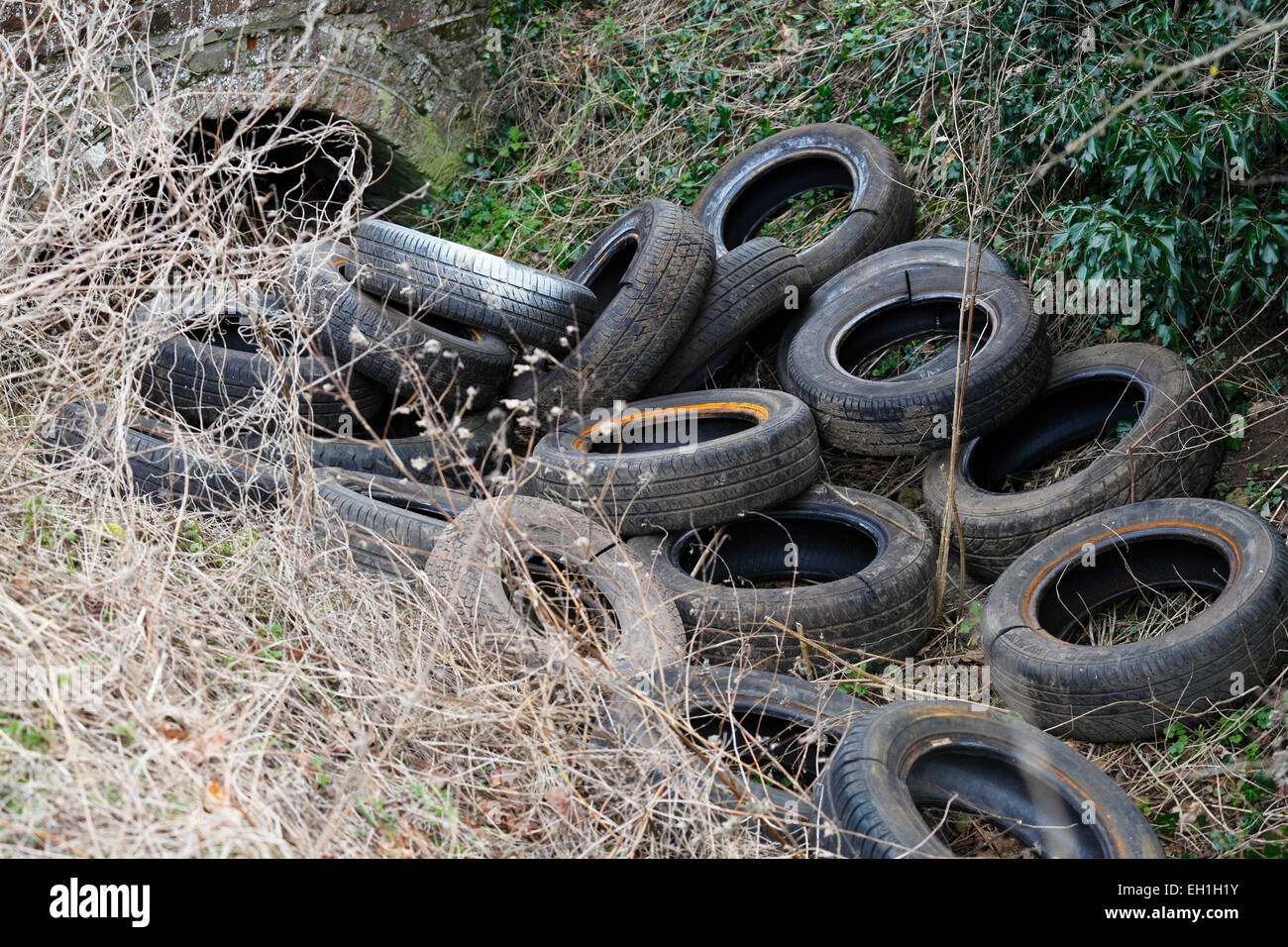 Old tyres dumped in a little stream in rural Norfolk. Stock Photo