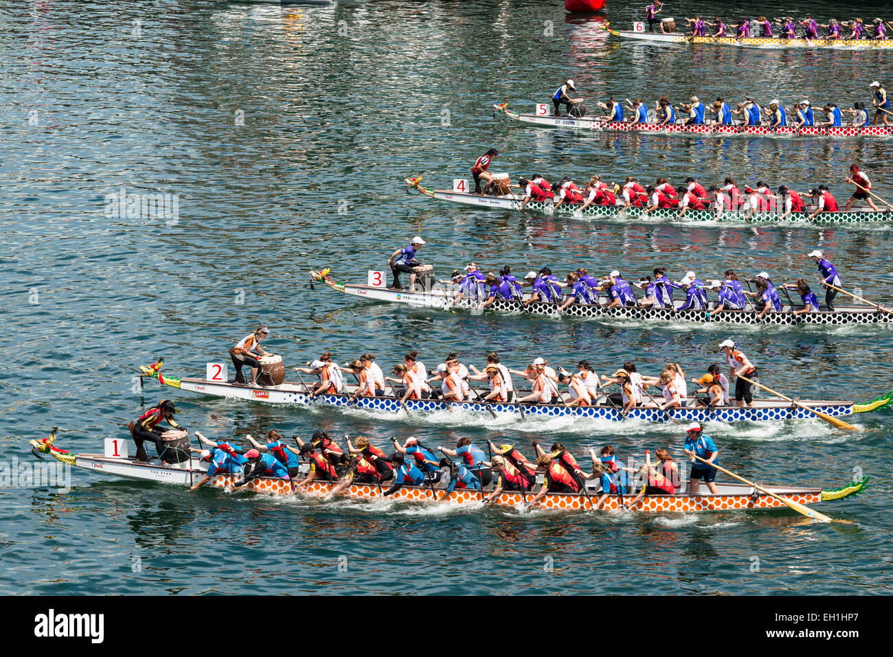 High angle view of a dragon boat race, part of Chinese New Year 2015. Cockle Bay, Darling Harbour, Sydney, Australia Stock Photo