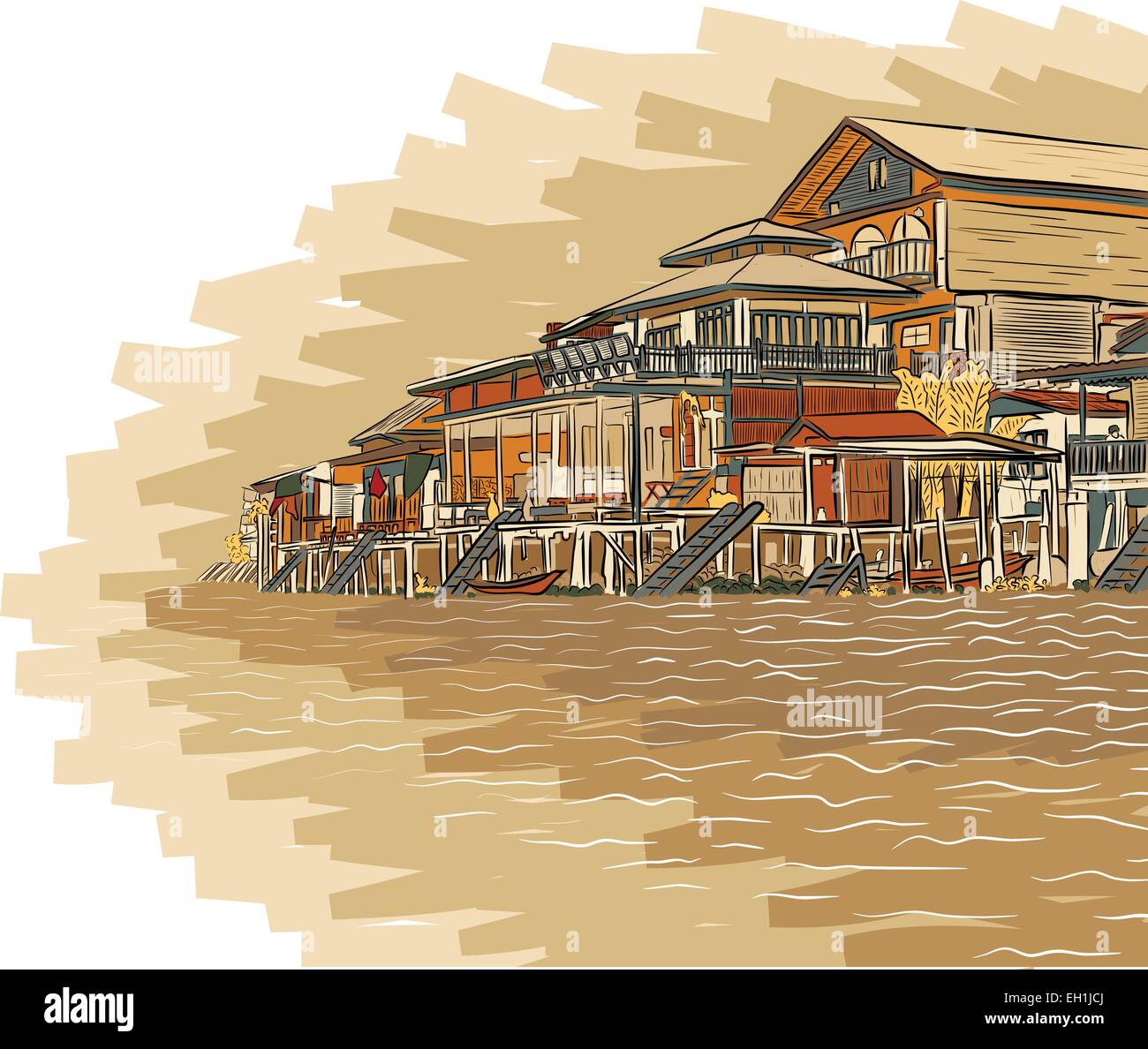 Editable vector illustration sketch of wooden waterside buildings Stock Vector