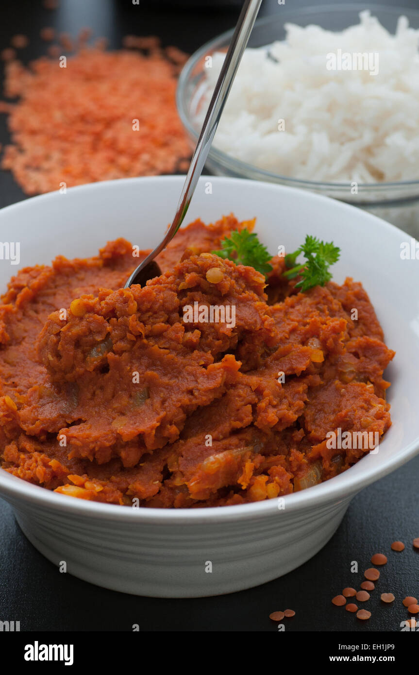 Homemade just made spicy red lentil curry. Stock Photo