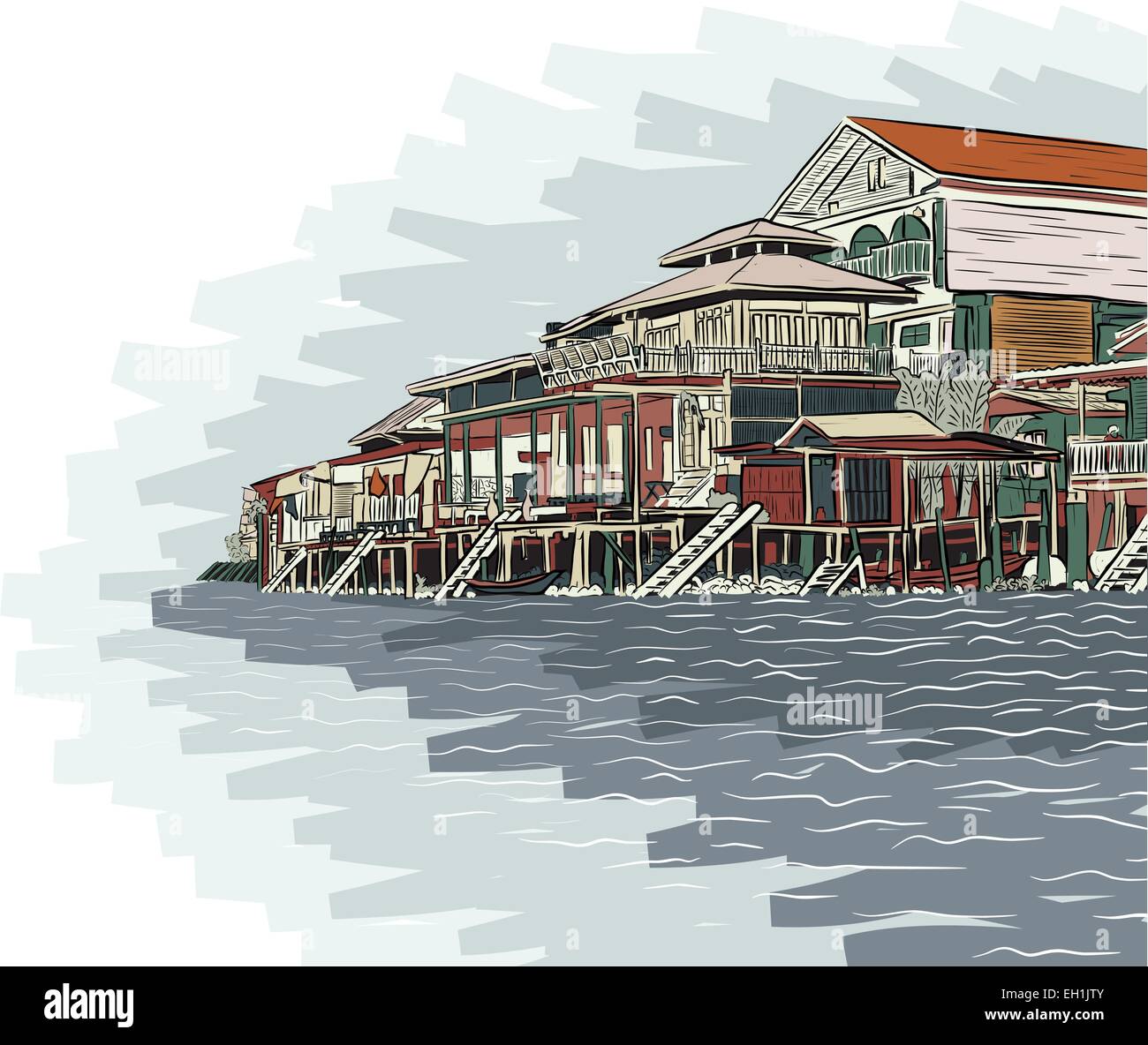 Editable vector illustration sketch of wooden waterside buildings Stock Vector