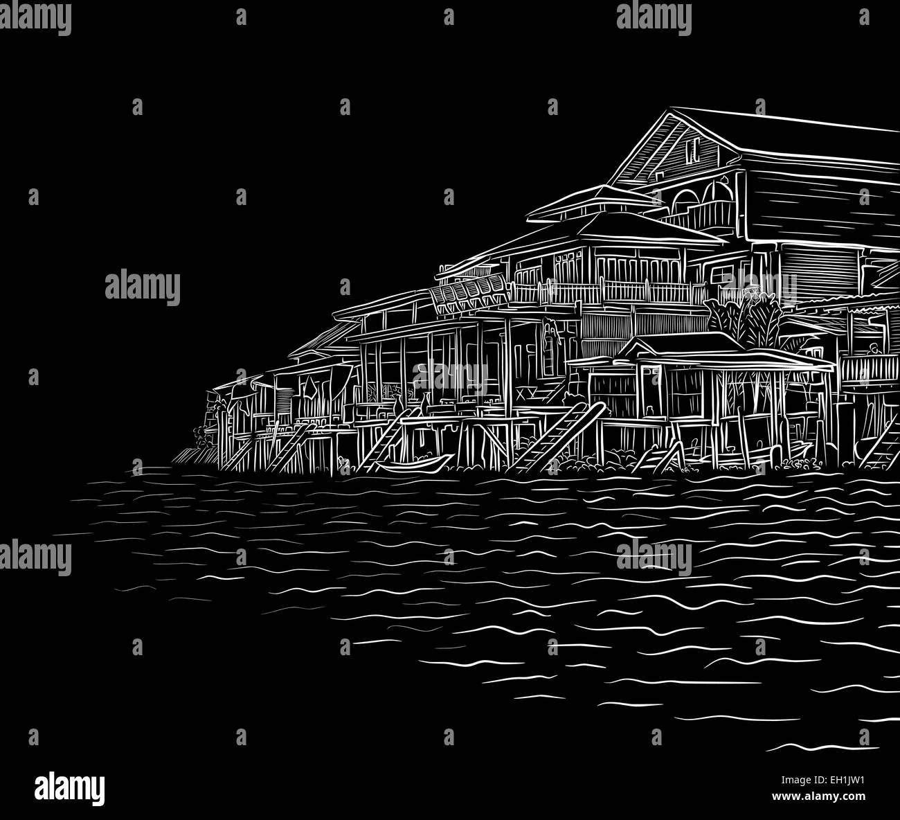 Editable vector illustration sketch of waterside wooden buildings Stock Vector