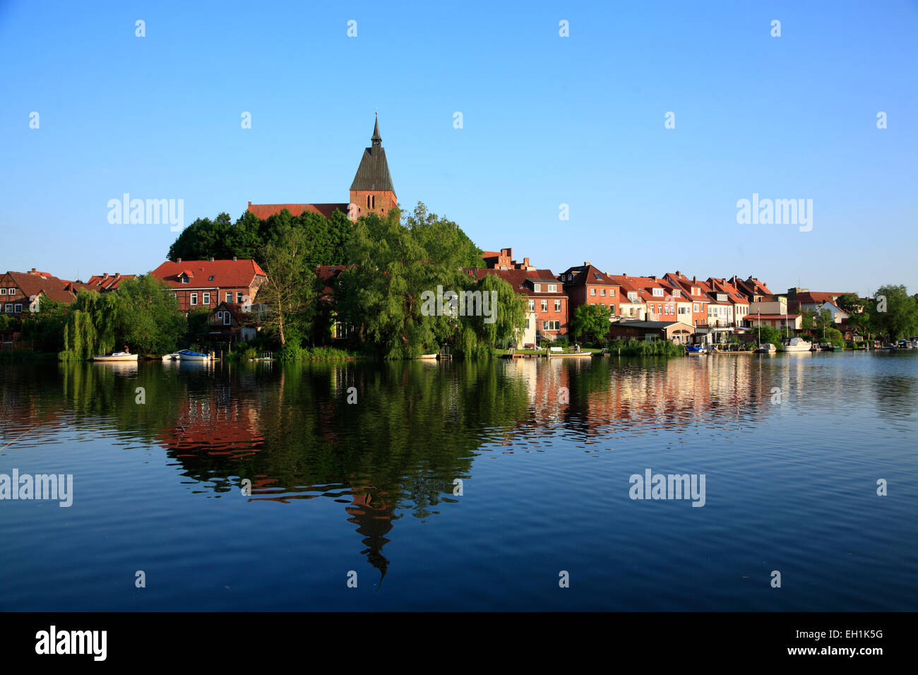 Moelln, lake Schulsee and Nikolaikirche, Schleswig-Holstein, Germany, Europe Stock Photo