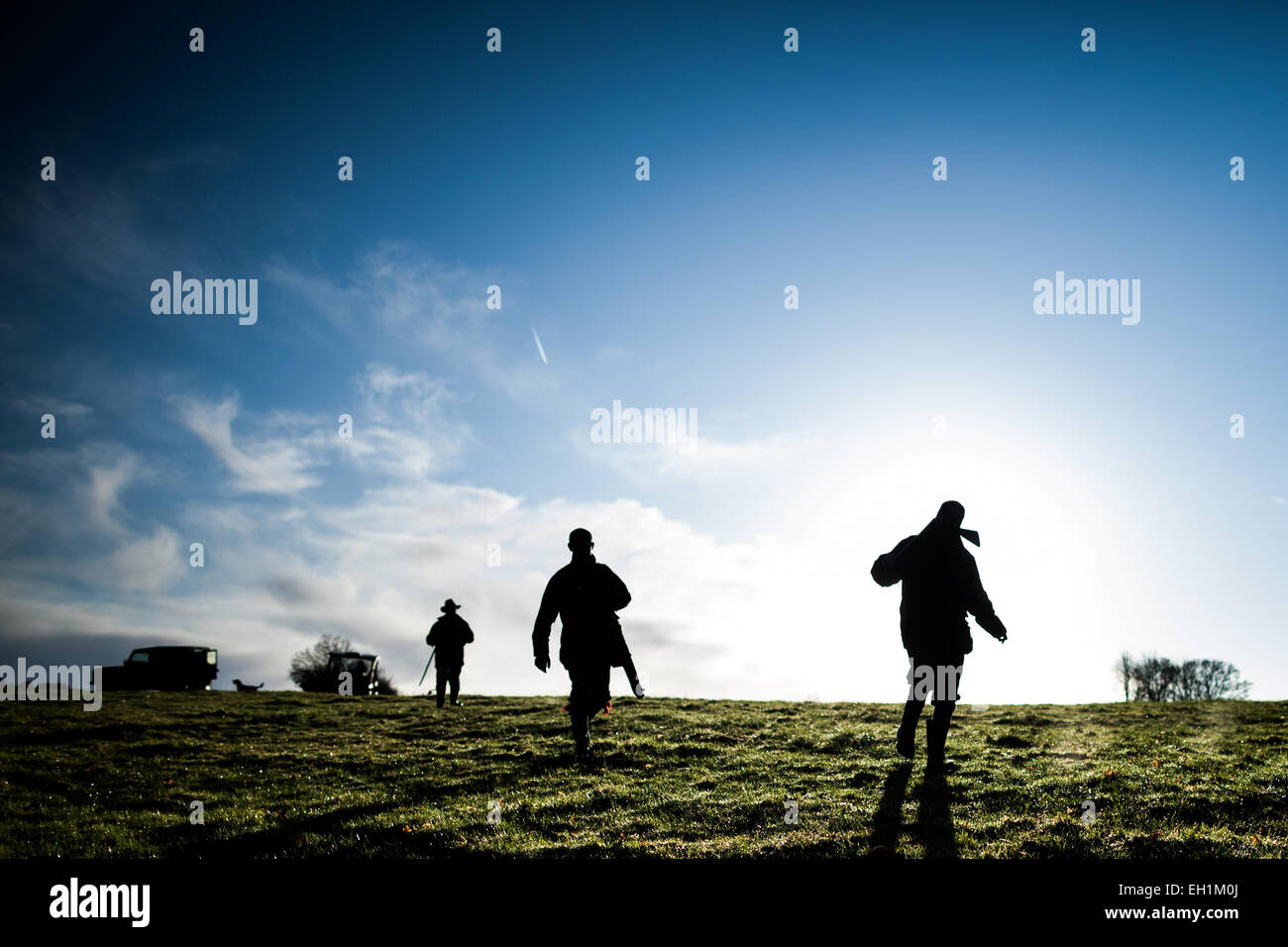 Colour photo of three male guns walking to the next drive on a game shoot in England, UK Stock Photo