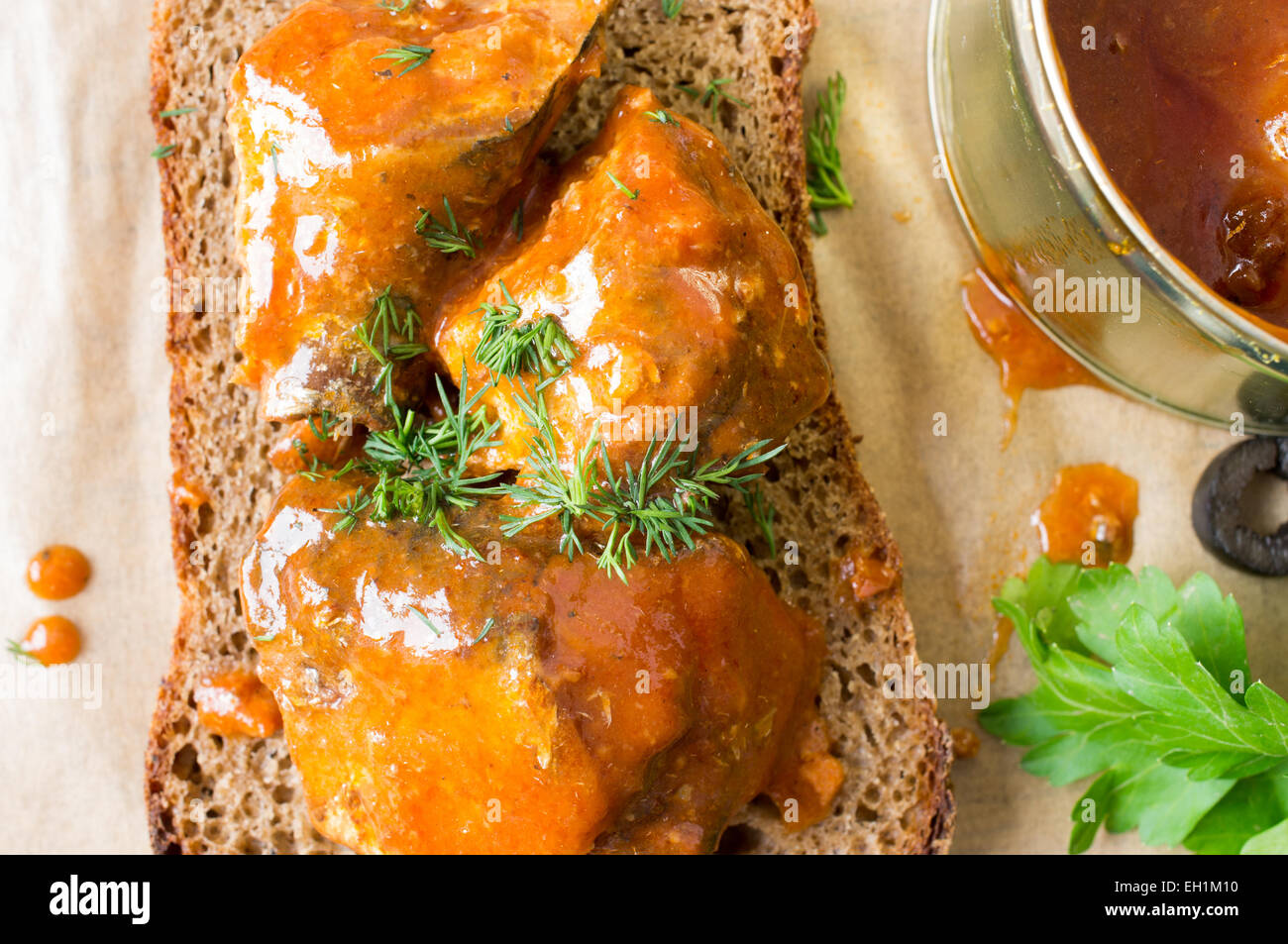 Sandwich with canned fish in tomato sauce Stock Photo Alamy