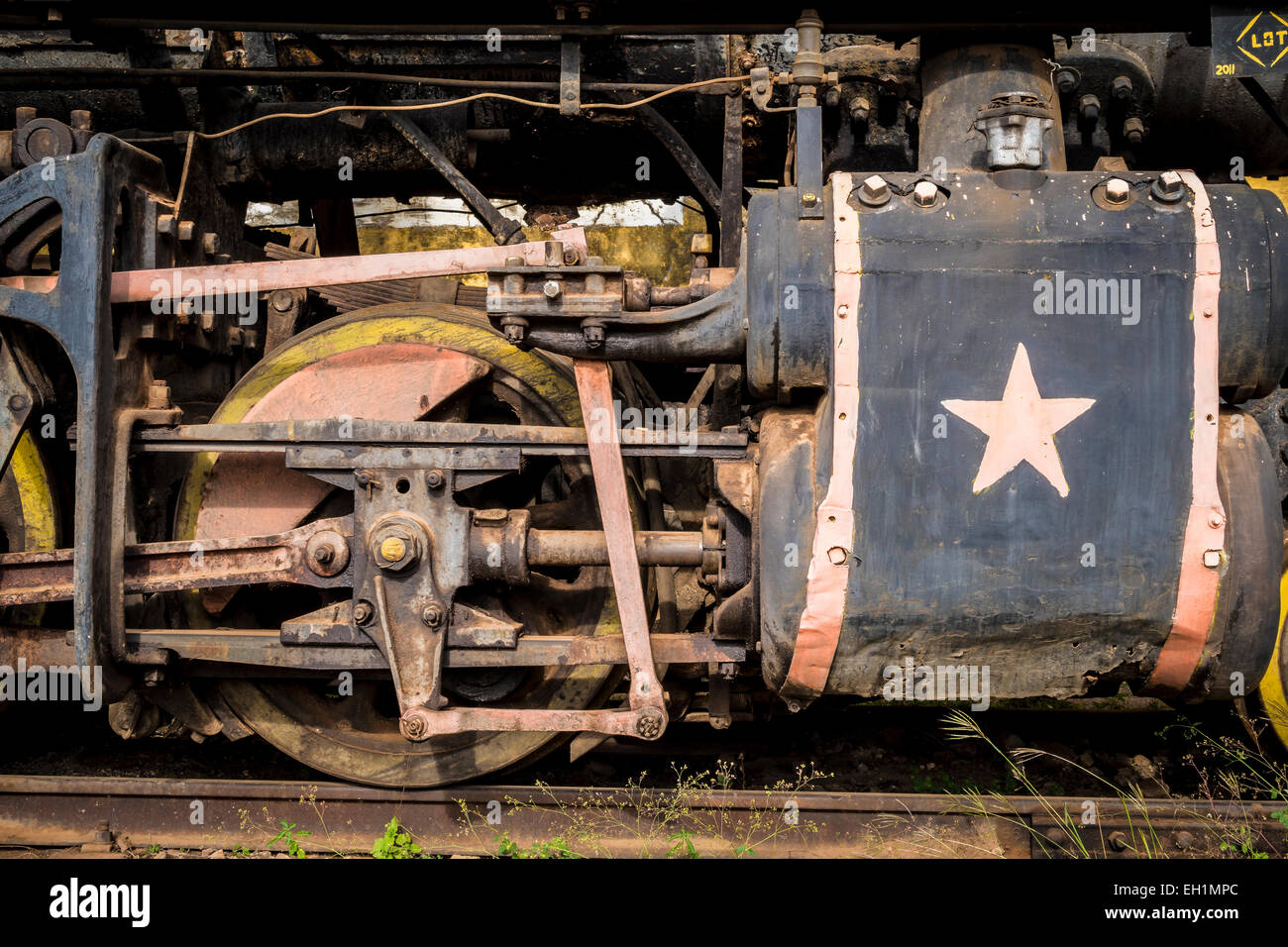 Steam locomotive running gear at the railway museum, Trinidad, Cuba. Stock Photo