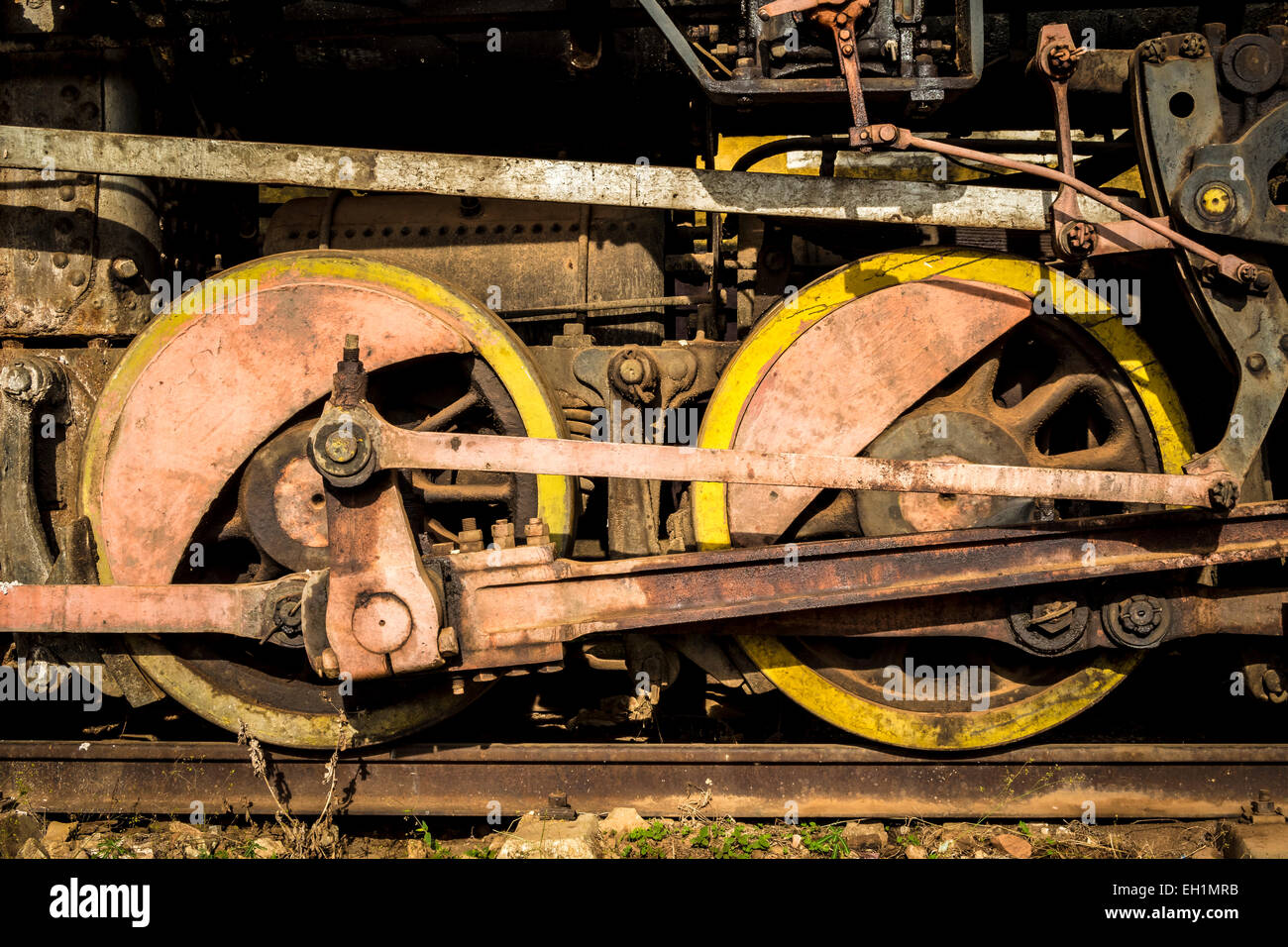 Steam locomotive running gear at the railway museum, Trinidad, Cuba. Stock Photo