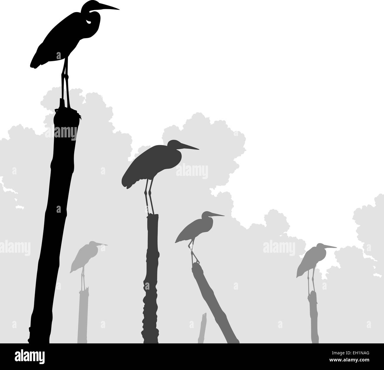 Editable vector illustration of egret silhouettes perched on poles with birds as separate objects Stock Vector
