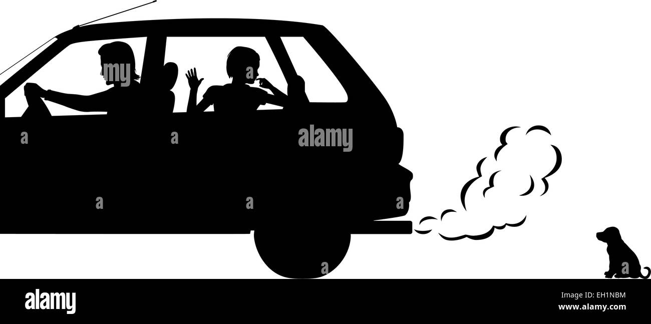 Editable vector silhouettes of a puppy being abandoned by a family driving away Stock Vector