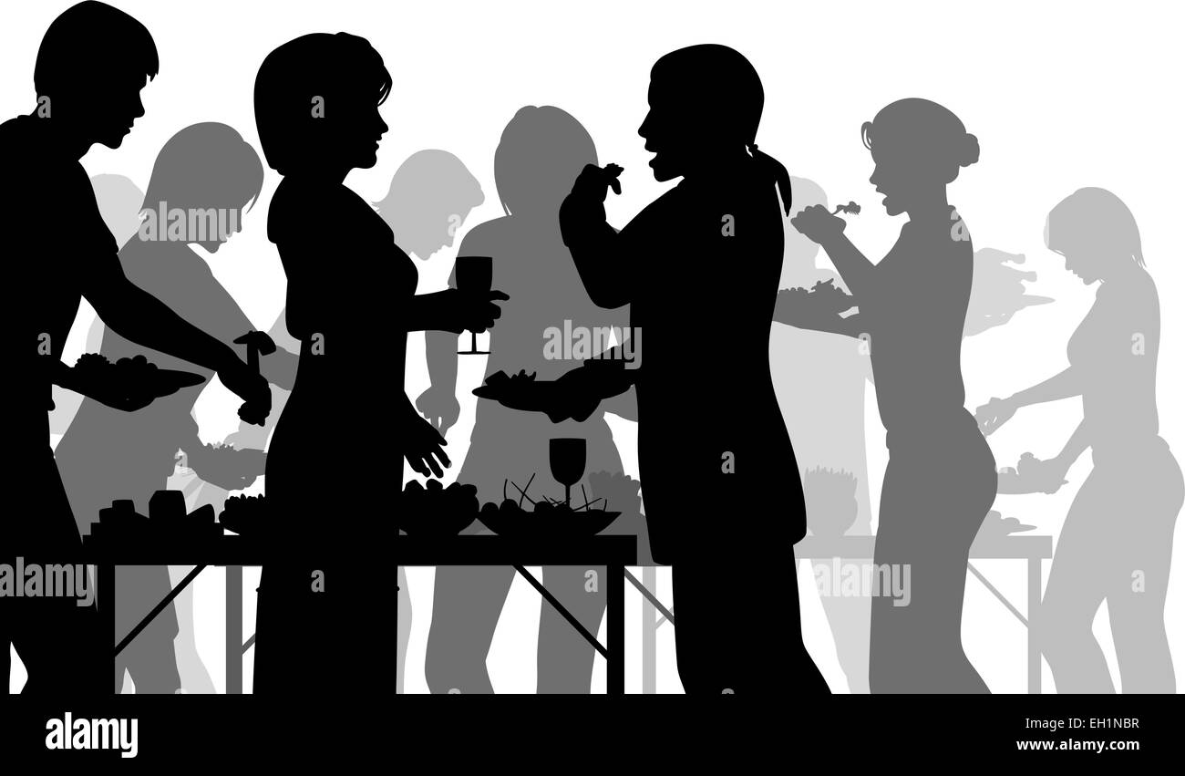EPS8 editable vector silhouettes of people enjoying a buffet with all figures as separate objects Stock Vector