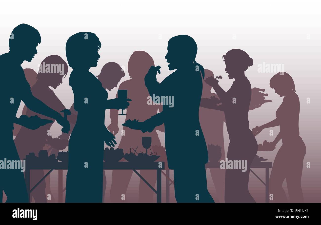 EPS8 editable vector illustration of people enjoying a buffet with all figures as separate objects Stock Vector