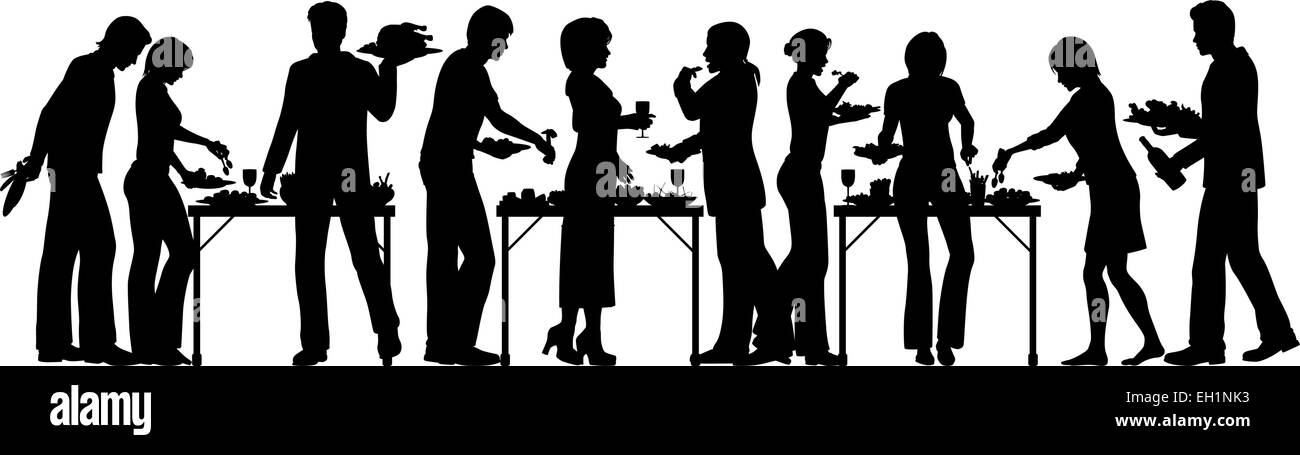 EPS8 editable vector silhouettes of people enjoying a buffet with all elements as separate objects Stock Vector