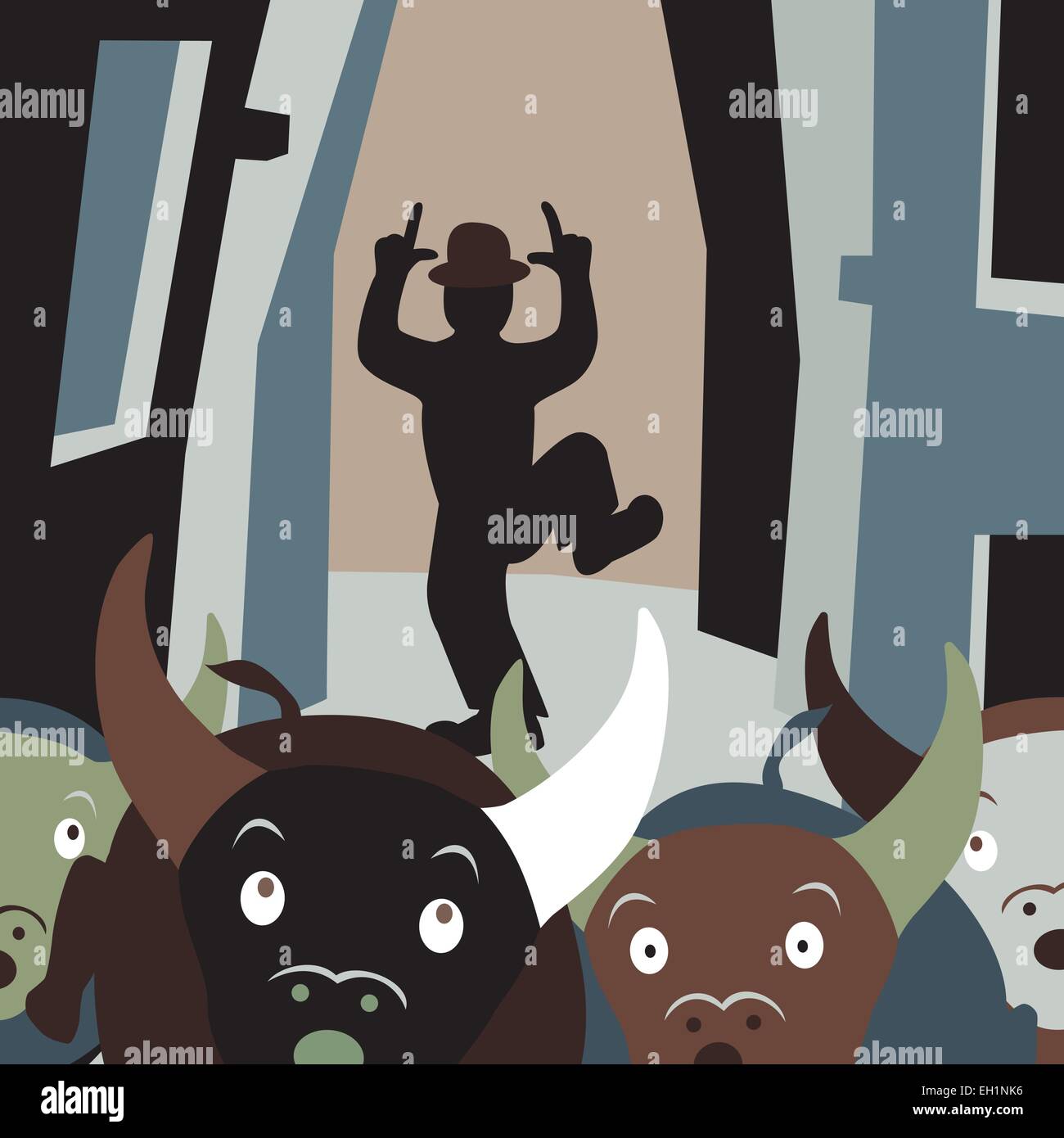 Editable vector cartoon illustration of bulls running away from a man in a street festival Stock Vector