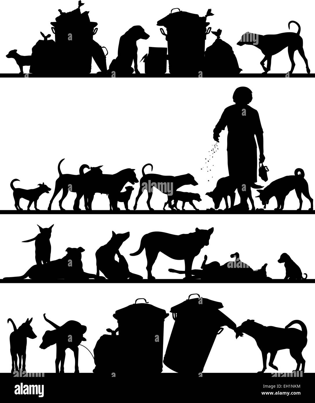 Set of editable vector foreground silhouettes of street dogs in Bangkok with all figures as separate objects Stock Vector