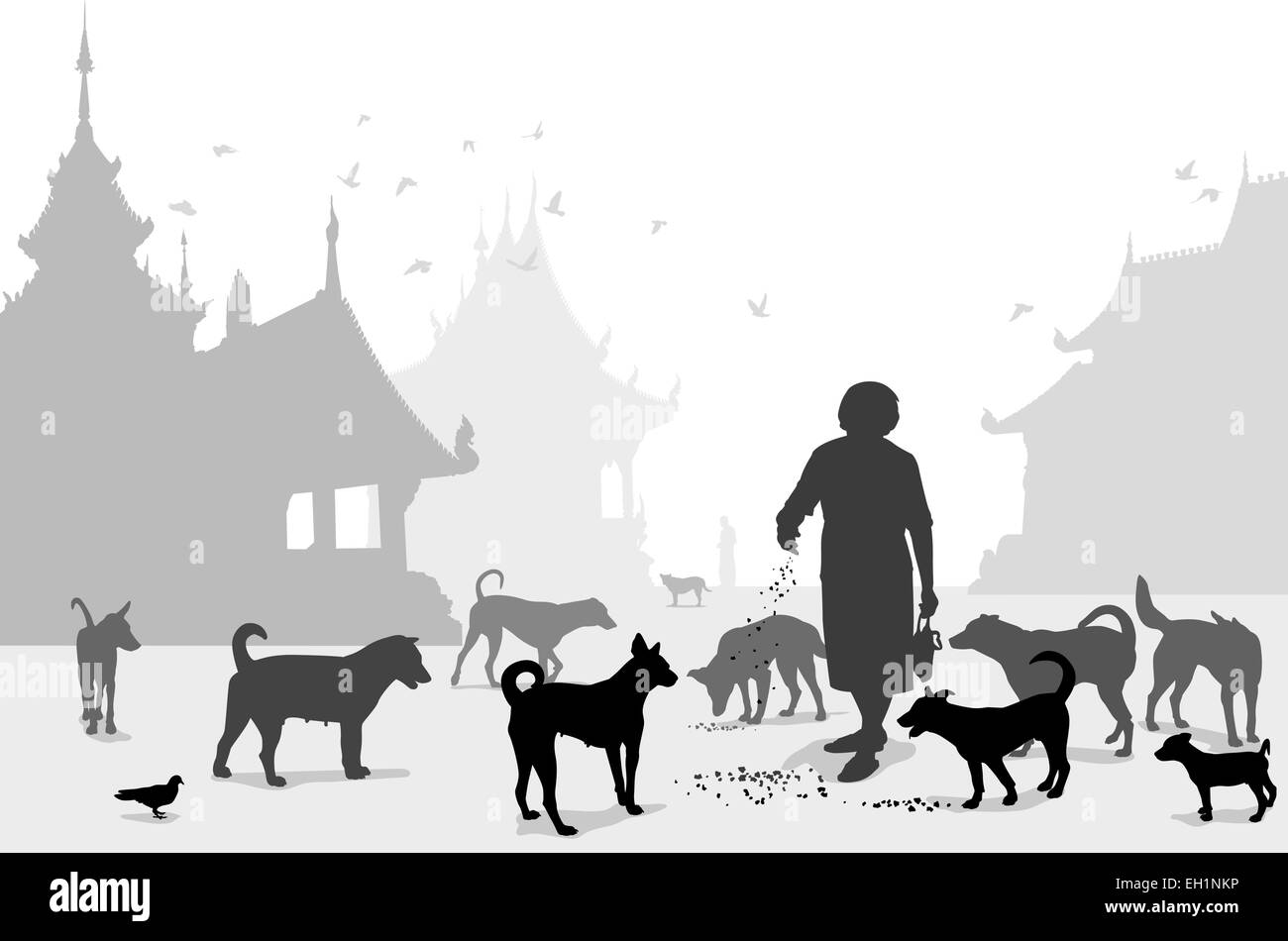 Editable vector illustration of a woman feeding stray dogs in a Buddhist temple where many abandoned pets end up Stock Vector