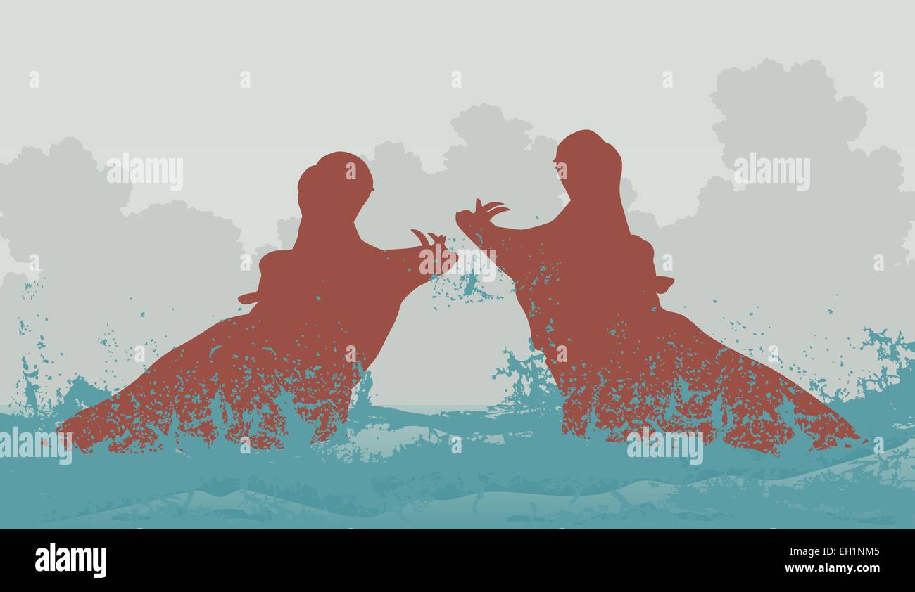 Editable vector illustration of two hippopotamuses fighting in water Stock Vector