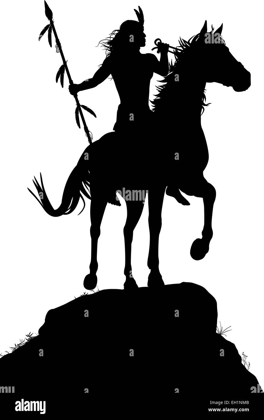 EPS8 editable vector silhouette of a native American Indian warrior riding a horse with figures as separate objects Stock Vector