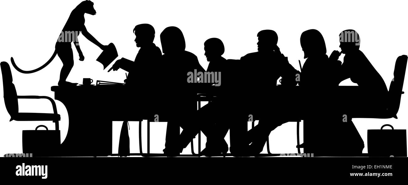 EPS8 editable vector silhouette of a business meeting chaired by a monkey with all figures as separate objects Stock Vector